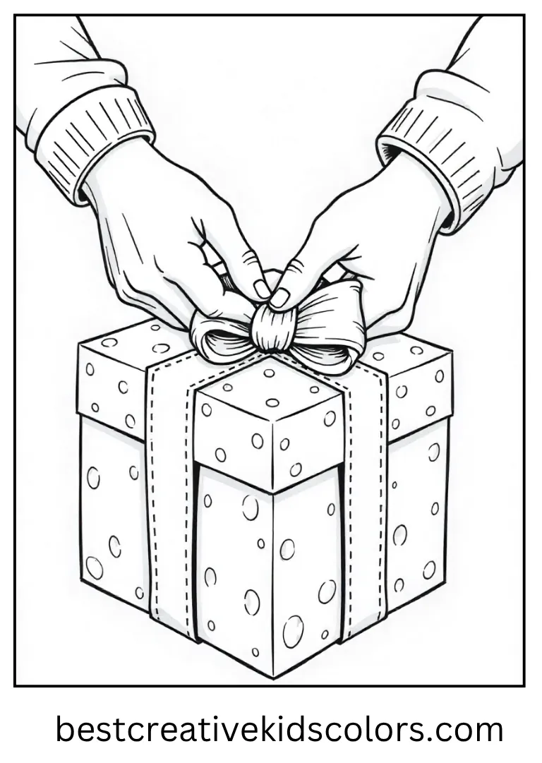 Gift Wrapping Fun Coloring Sheet A pair of hands tie a bow on a Christmas gift box.