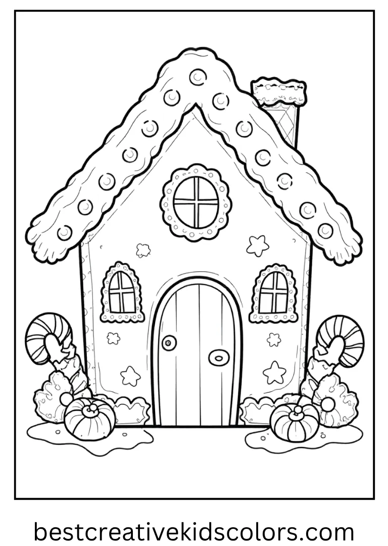 Gingerbread House with Candy Coloring Sheet A decorated gingerbread house surrounded by candy canes.
