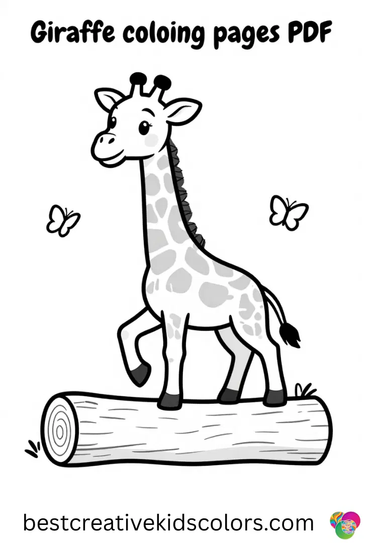In Giraffe coloring pages PDF, a giraffe jumps over a log as butterflies flutter nearby.