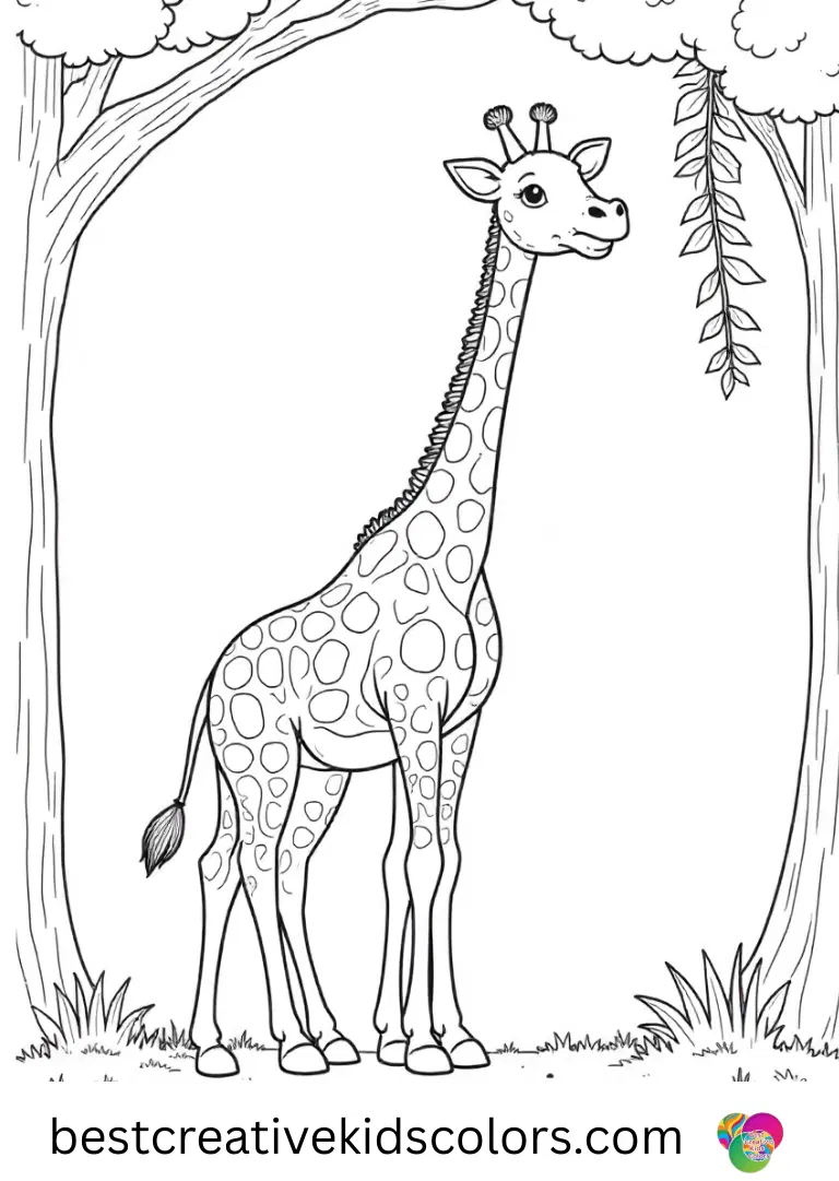 Giraffe coloring pages colored feature a giraffe swinging its long neck to reach a hanging vine.