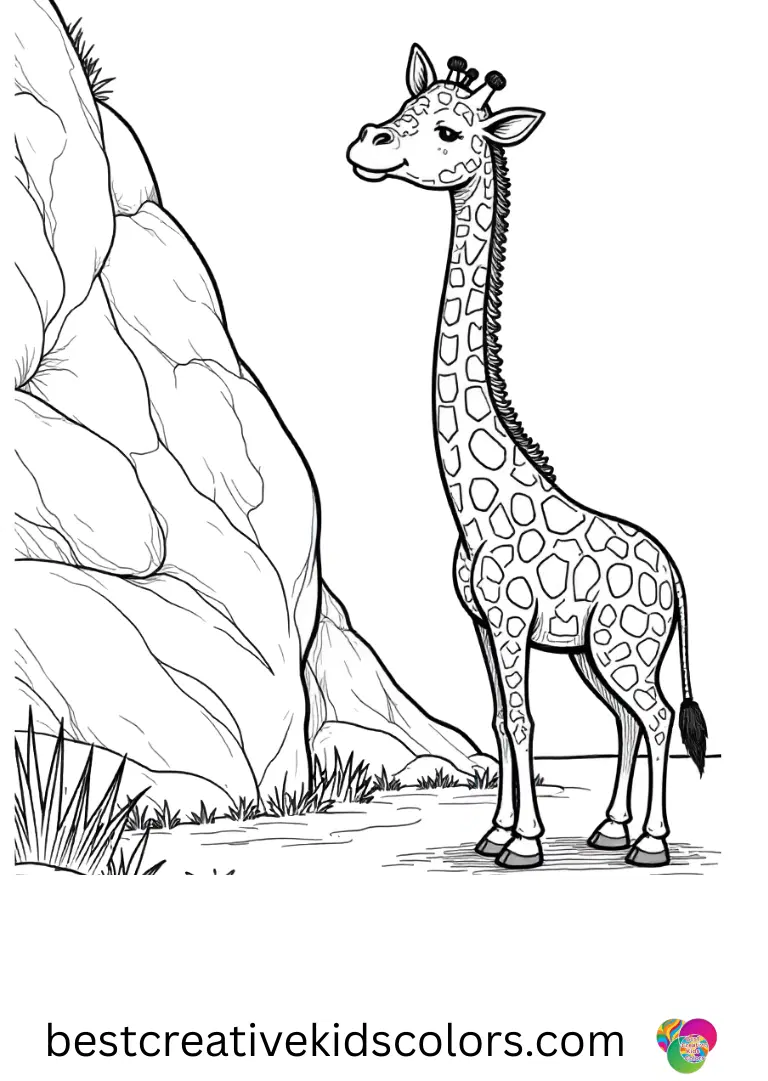 Giraffe coloring pages for Adults include a giraffe performing a slow twirl beside a patterned rock.