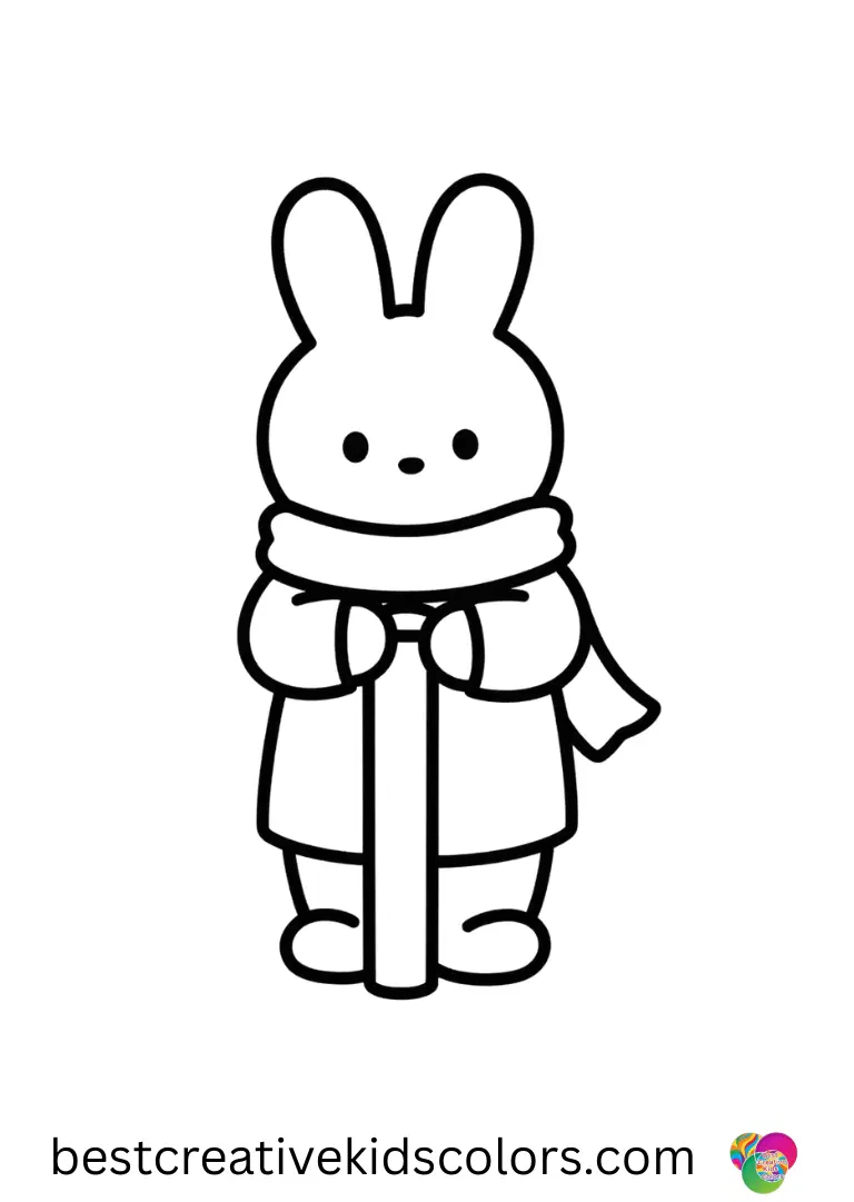 Girl Bunny coloring pages features a bunny tying a scarf around a small pole in winter.