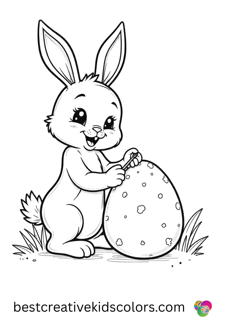 Girl bunny coloring pages shows a bunny painting small dots on a large Easter egg carefully.