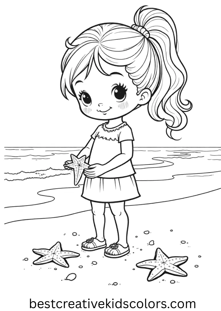 A girl character collects starfish in Girl coloring pages to Print free pdf.