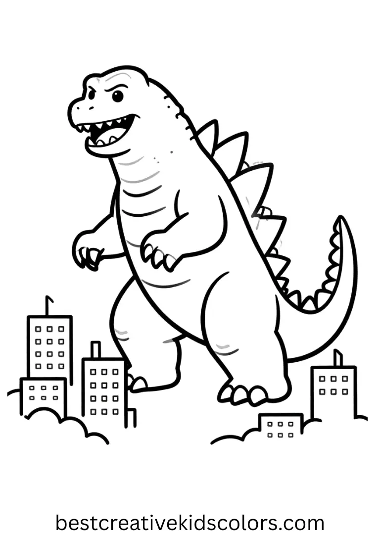 Godzilla stomps gently over a tiny cityscape in Godzilla buzz coloring page.