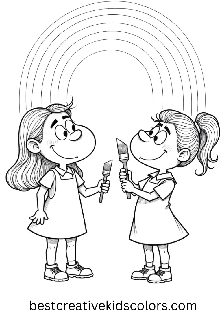 Gru and foster girls coloring page free download shows them painting a simple rainbow on a blank canvas