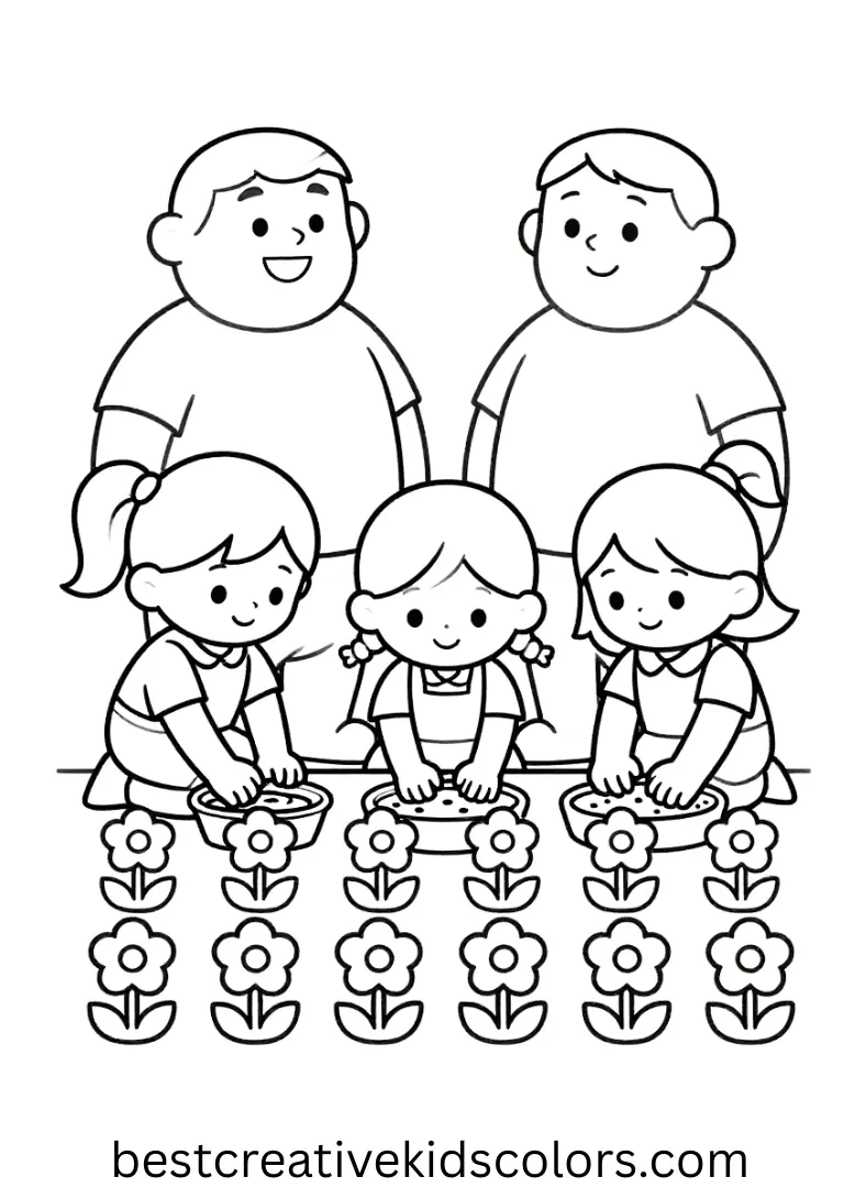 Gru and foster girls coloring page pdf free download shows them planting tiny flowers in neat rows