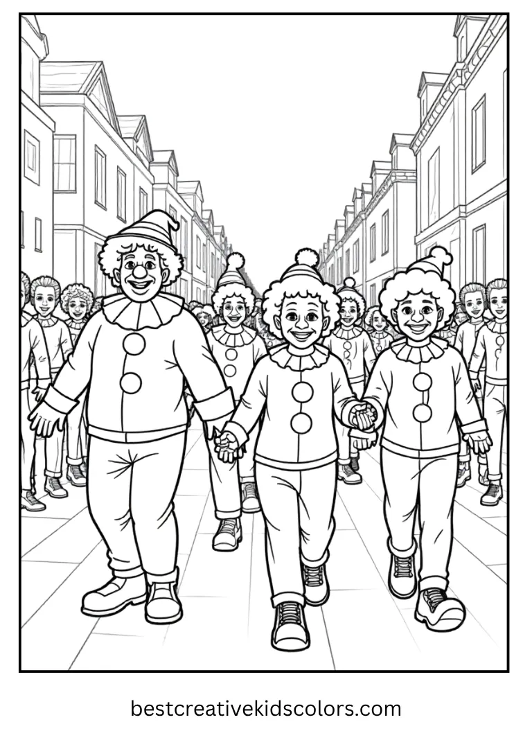 Clowns and kids march together in costume fun.