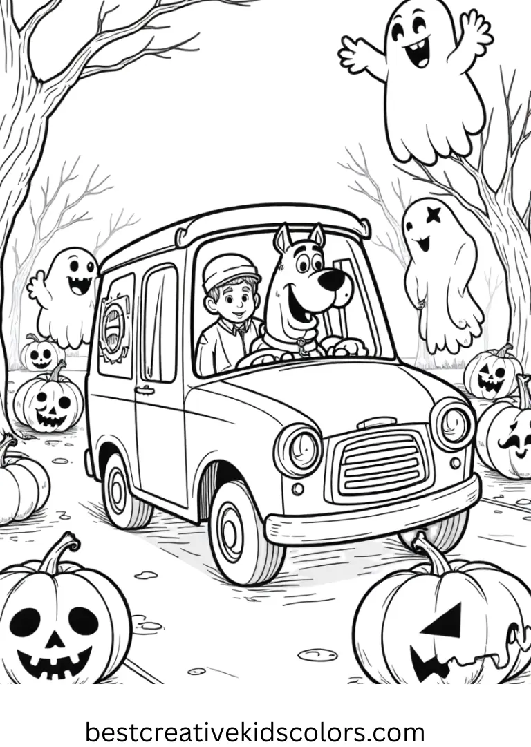 Fred drives past playful ghosts waving in the misty pumpkin-lit streets.