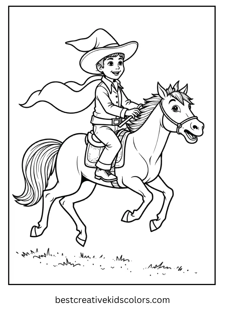 A cowboy rides his broomstick like a horse.