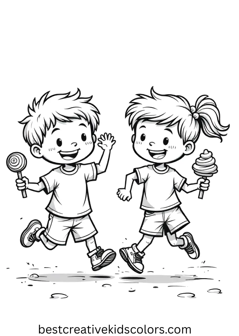 Halloween Kids Coloring Page Halloween Kids Coloring Page shows two kids running with candy on a flat, empty ground, easy to color.