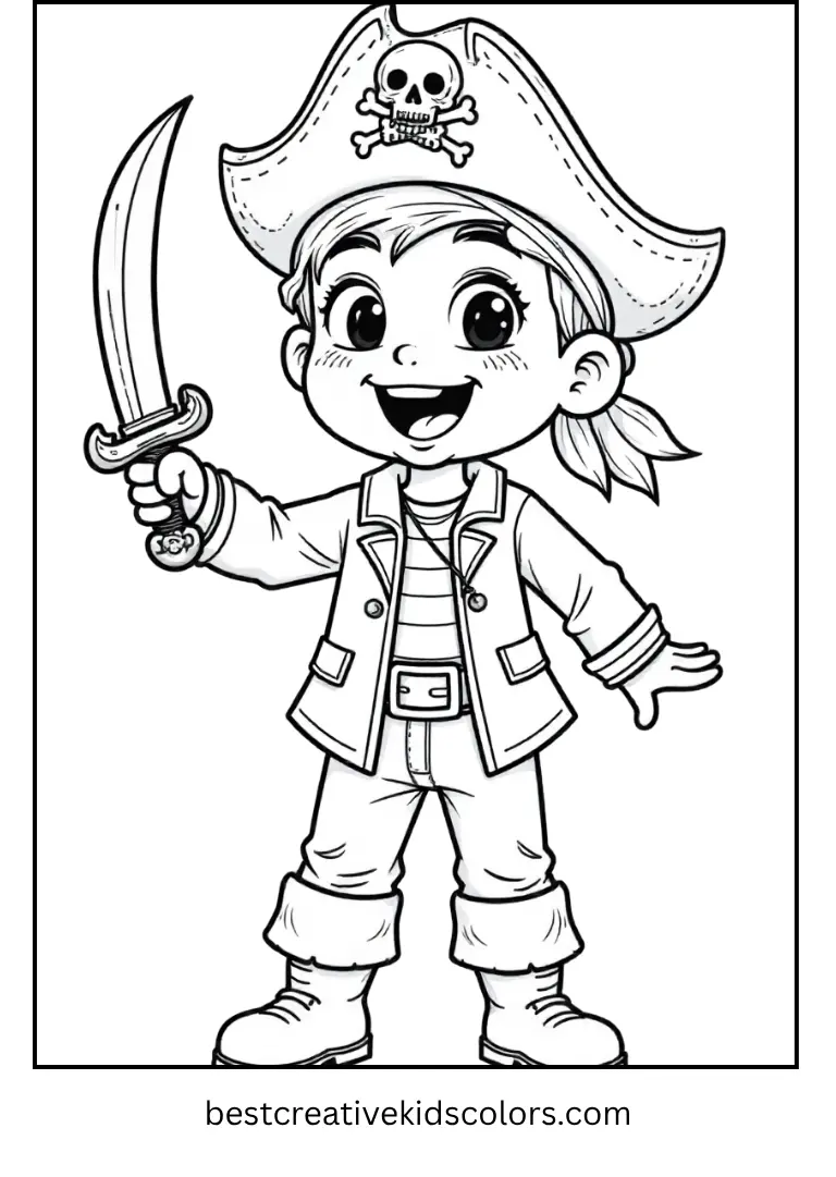 A pirate boy waves his sword and shouts “Arr!” happily.