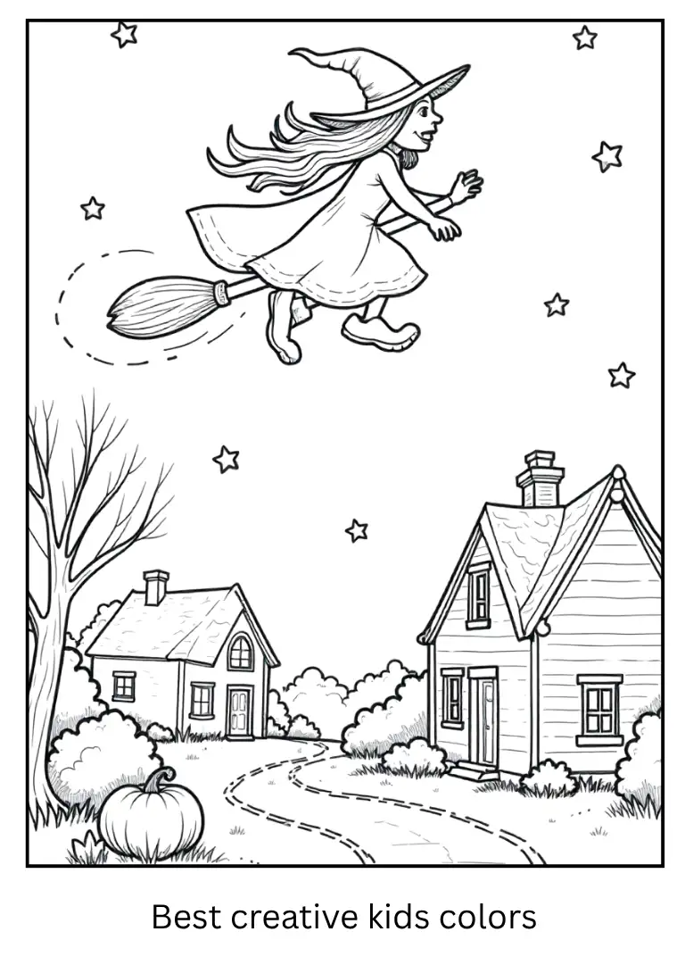 Halloween Witch Flying Over Village Coloring Page