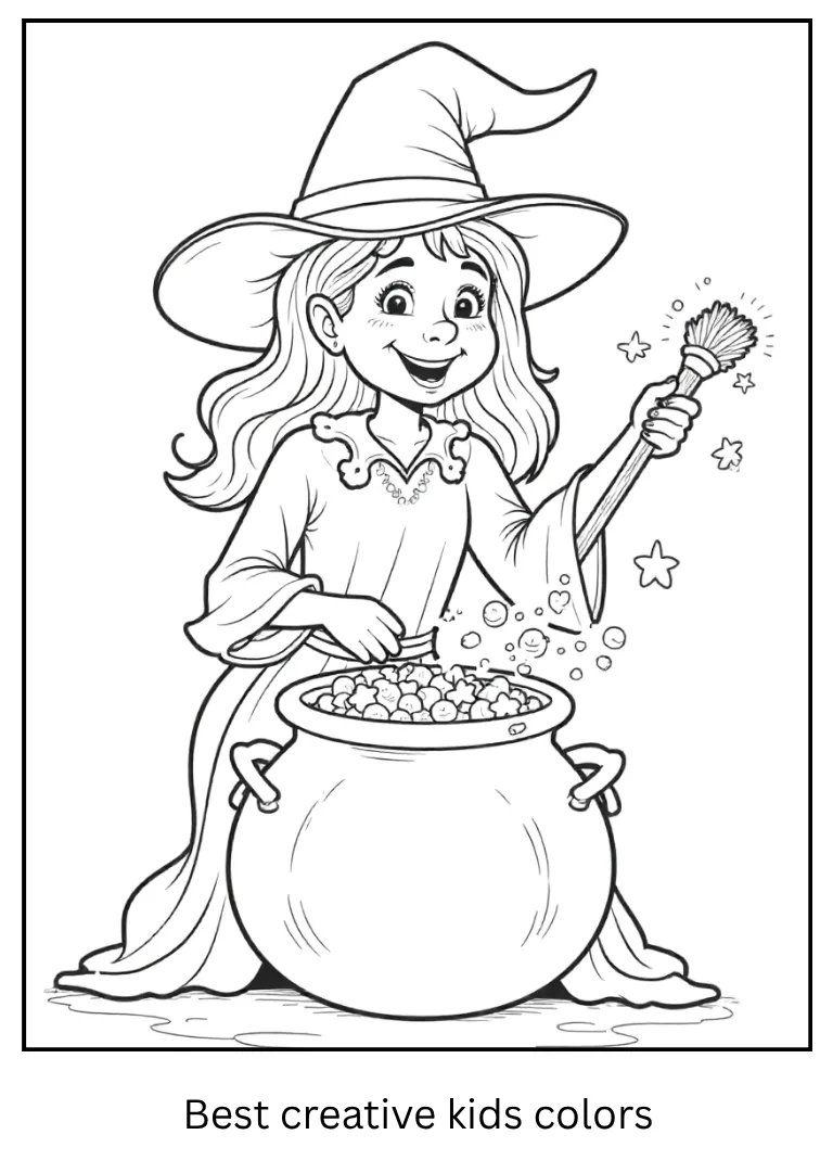 Halloween Witch Mixing Potion Coloring Page