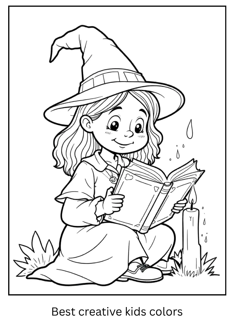 Halloween Witch Reading Spell Book Coloring Sheet