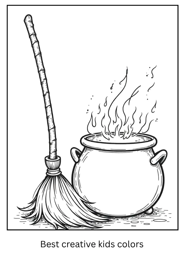 Halloween Witch’s Hat and Broom Coloring Page