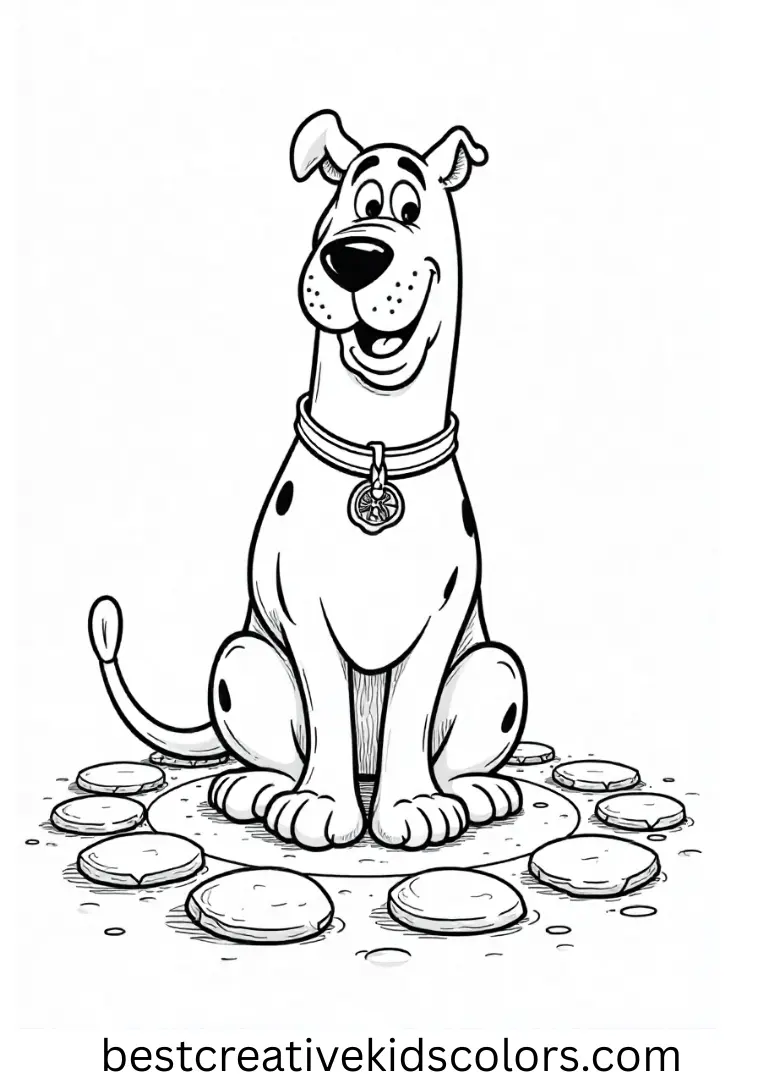 Halloween coloring pages scooby doo for adults portrays Scooby aligning stones into a neat circle.