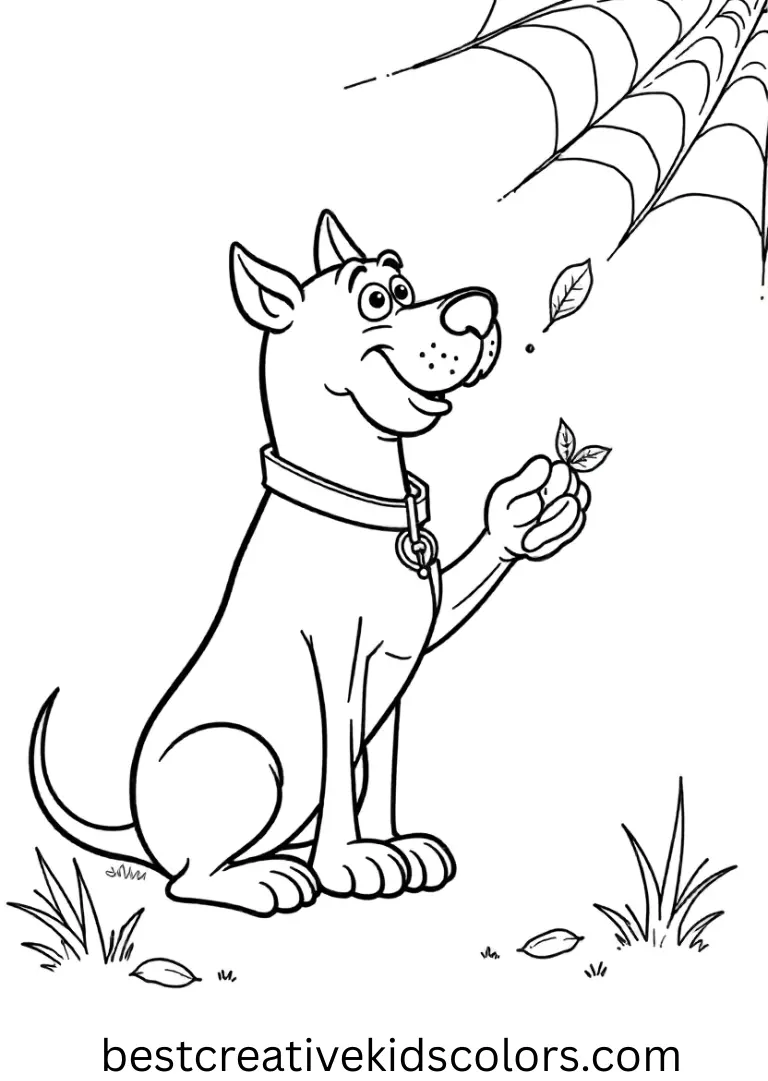 Halloween coloring pages scooby doo pdf free shows Scooby studying a leaf caught in a spiderweb.