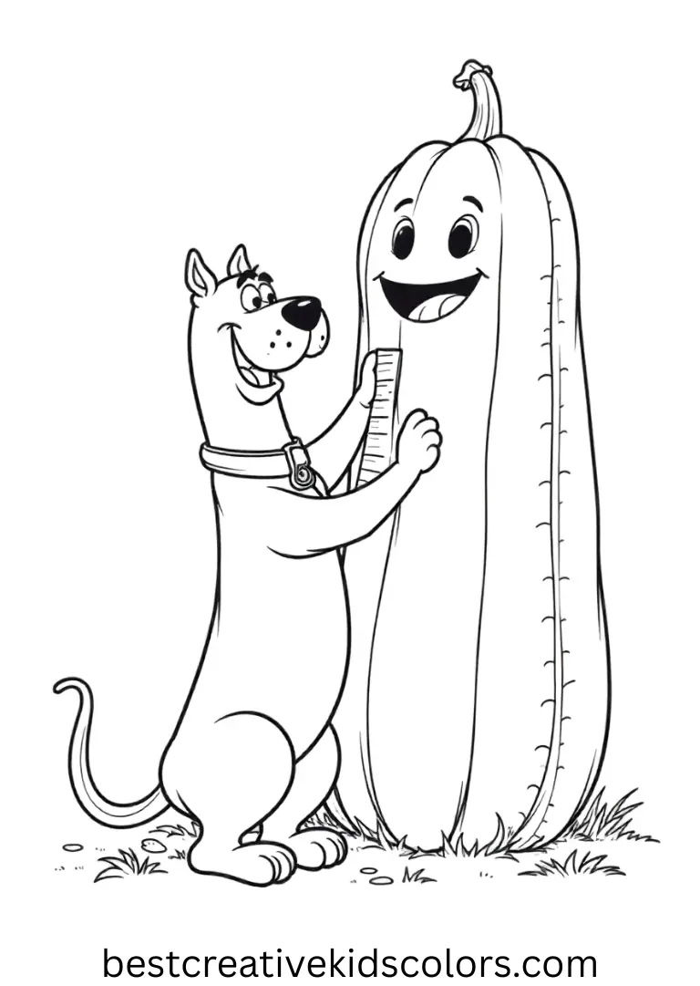 Halloween coloring pages scooby doo pdf shows Scooby measuring a tall pumpkin tower with curiosity.