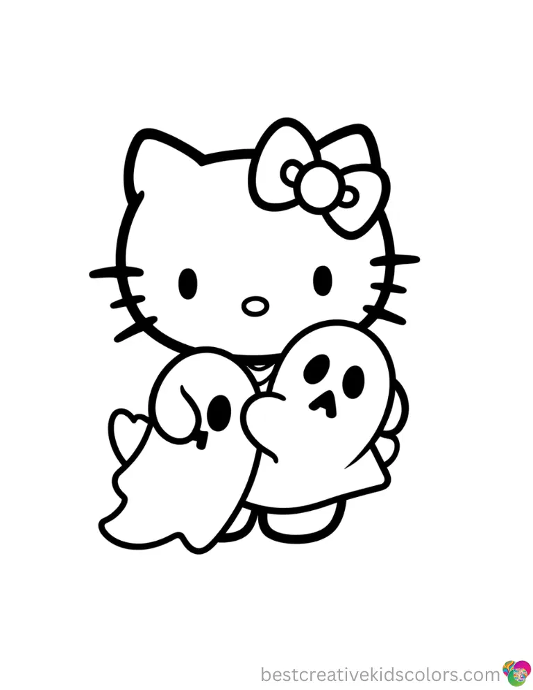 Halloween drawings hello kitty peacefully shows Hello Kitty holding a spooky ghost toy.