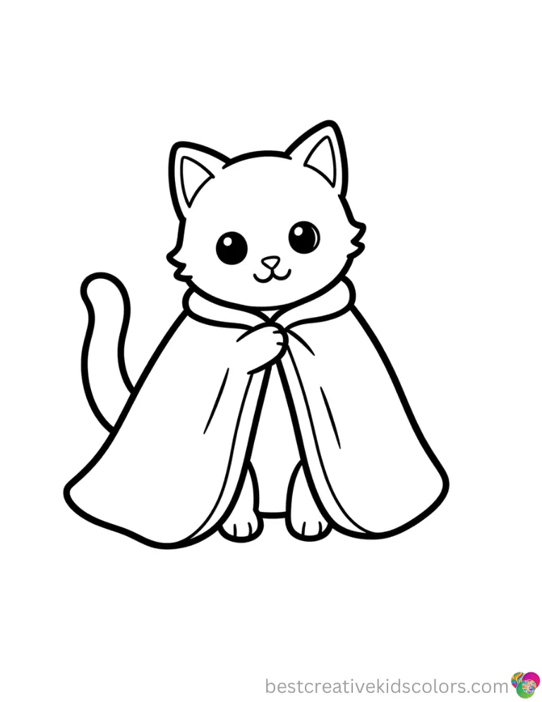 A sweet moment in Halloween kitty coloring page features Kitty patting a soft dark cloak.
