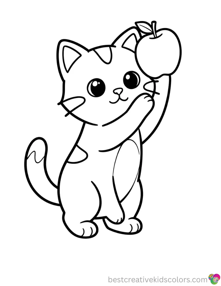 A simple view in Halloween kitty coloring pages shows Kitty lifting a sweet round apple.