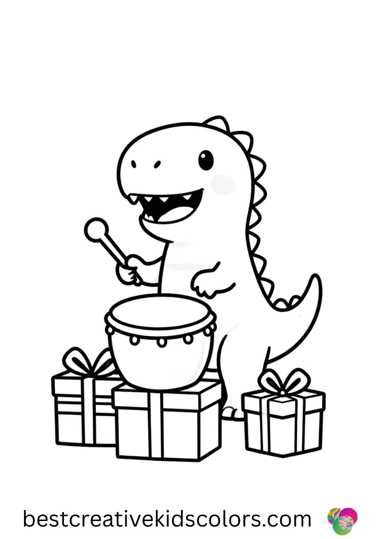 Happy Birthday Coloring Pages Dinosaur Happy Birthday Coloring Pages Dinosaur shows a dinosaur drumming on a small pile of presents