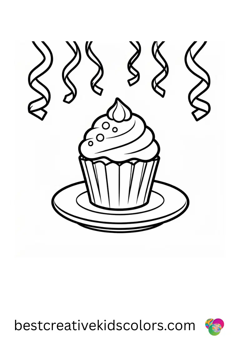 Happy Birthday Printable Free PDF Streamers curl above a small cake in Happy Birthday Printable Free PDF on a clean surface