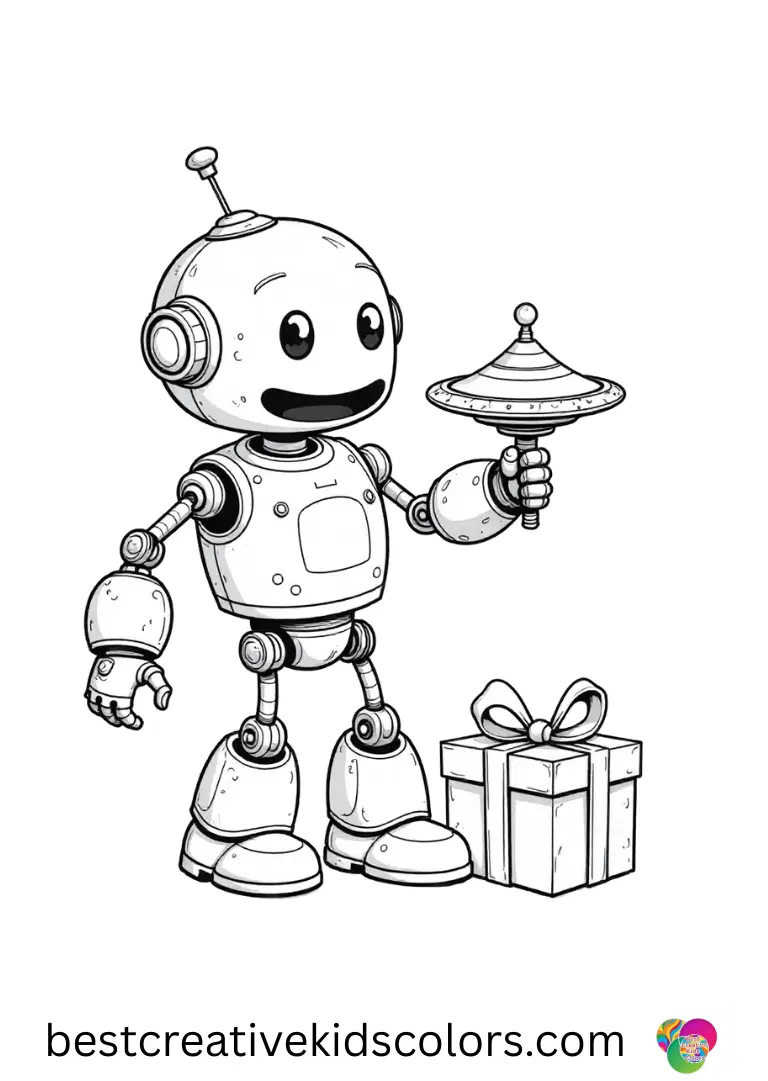 Happy Birthday coloring pages Boy Happy Birthday coloring pages Boy features a robot spinning a toy top near a birthday box