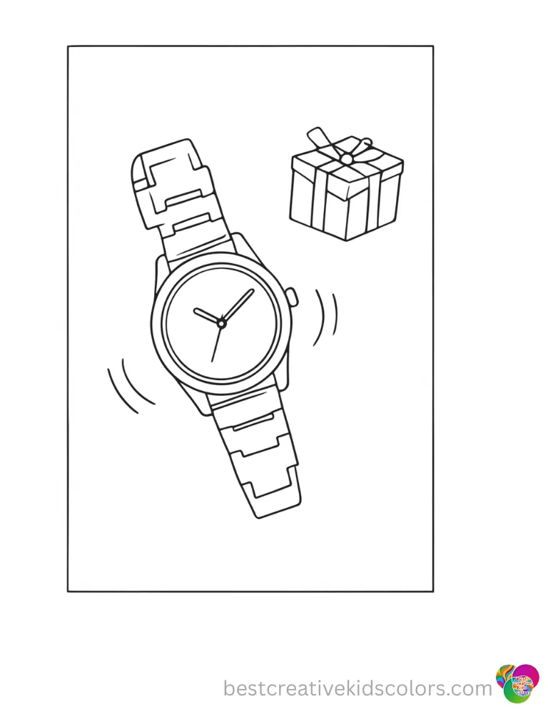 A wristwatch rotates slowly near a small gift in Happy Birthday husband Coloring Pages