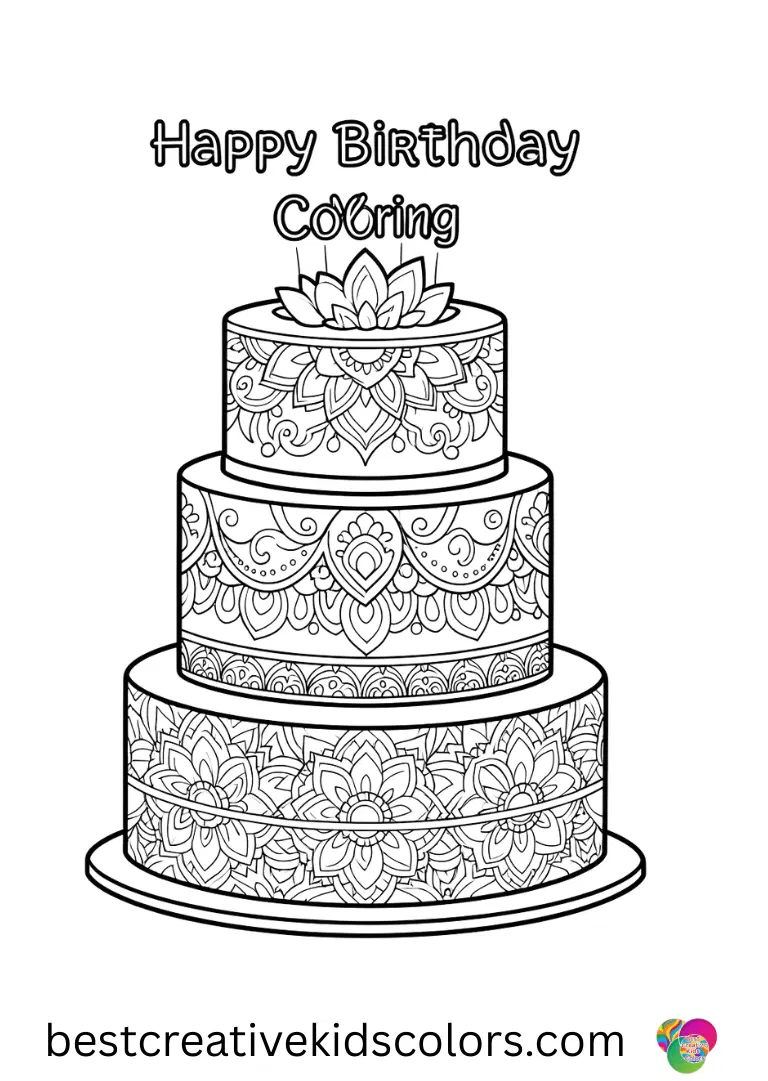 Happy birthday coloring page for adults Happy birthday coloring page for adults depicts a layered mandala cake with simple patterns