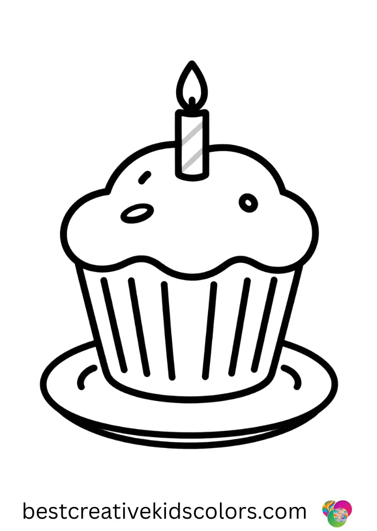 Happy birthday coloring page free A cupcake tilts playfully on a plate in Happy birthday coloring page free with a candle