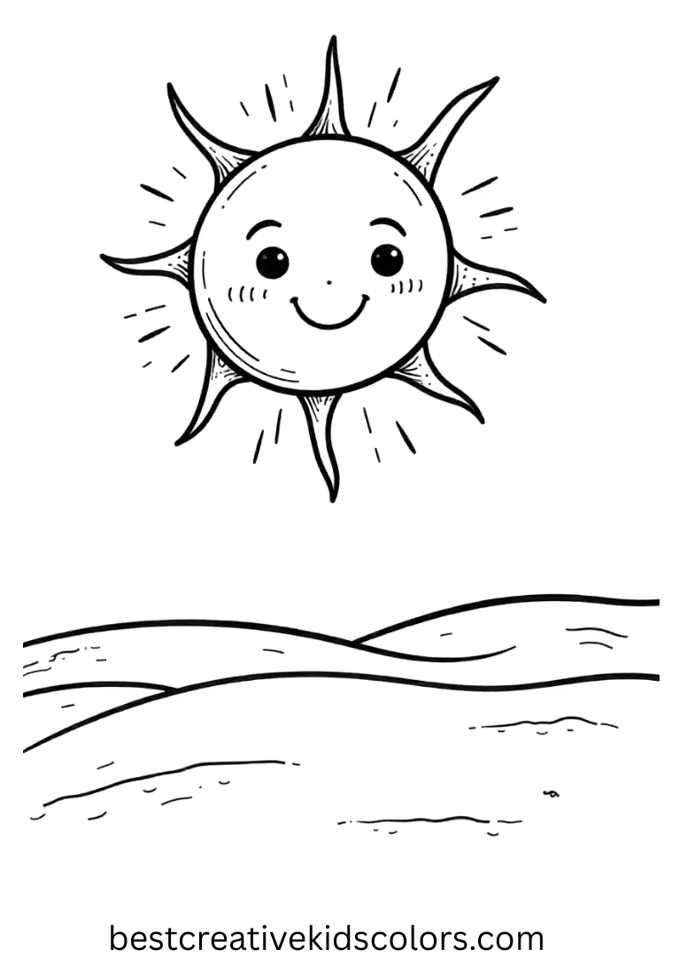 A smiling sun rises in Happy coloring pages printable across a clear horizon.