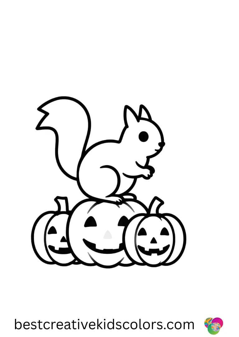 A cheerful squirrel paints pumpkins with bright colors in Happy fall coloring pages free.