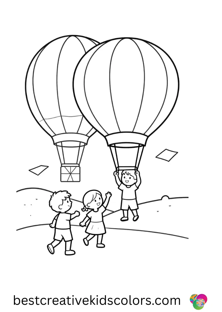 Happy fall coloring pages pdf captures a family flying paper hot air balloons over the hills.