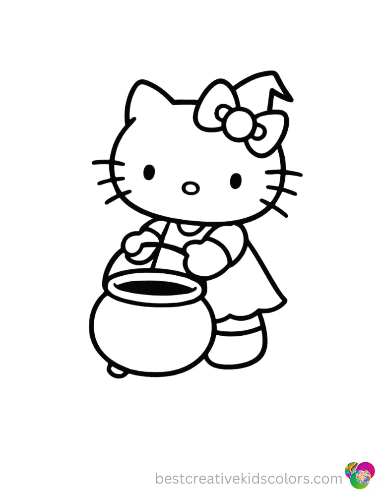 Happy halloween hello kitty images nicely features Hello Kitty carrying a heavy black cauldron.