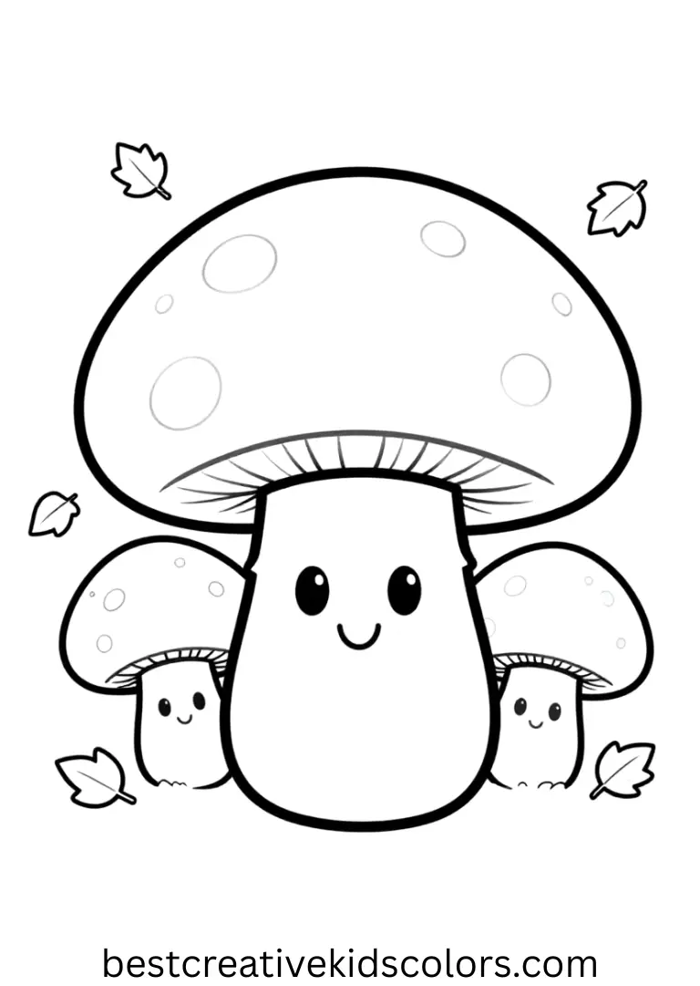 Harvest coloring pages printable show mushrooms next to scattered autumn leaves.