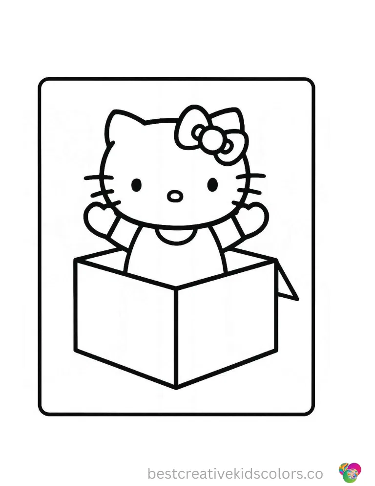 Hello Kitty waves both hands enthusiastically from inside a giant empty box.
