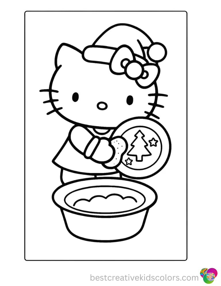 Easy Hello Kitty Christmas Printable Coloring Printouts Hello Kitty sips warm hot chocolate from a polka dot mug.