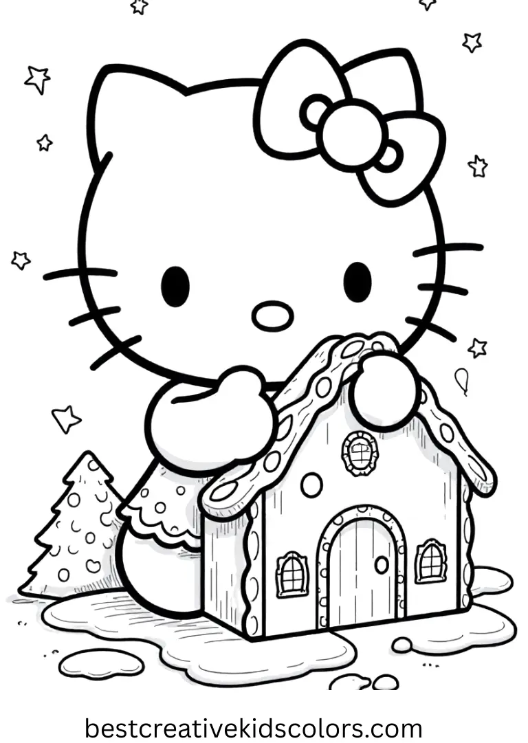 Hello Kitty Christmas Coloring Pages features Hello Kitty crafting a gingerbread house.