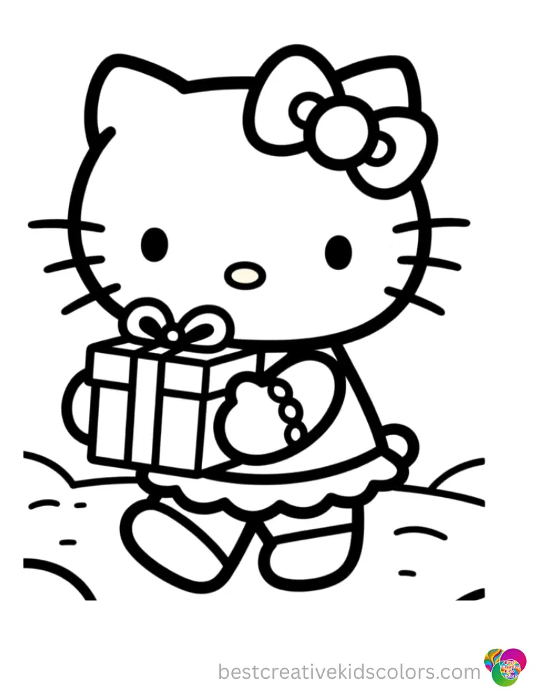 Fun Hello Kitty Christmas Coloring Pages to Print Hello Kitty adjusts a soft Santa hat on top of her head.