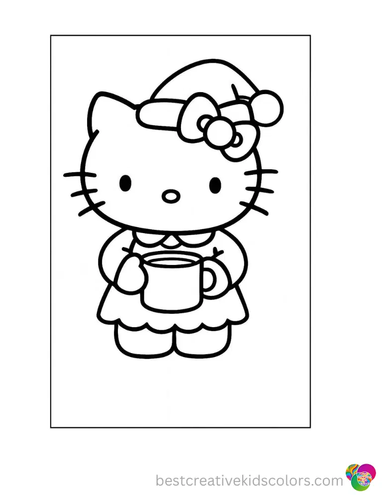 Hello Kitty Christmas Coloring Sheet A neat Hello Kitty Christmas Coloring Sheet smoothly presents Hello Kitty holding a cocoa mug.