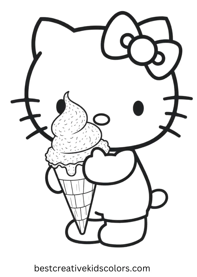 Kitty enjoys a big ice cream cone in a simple, open scene perfect for toddlers.
