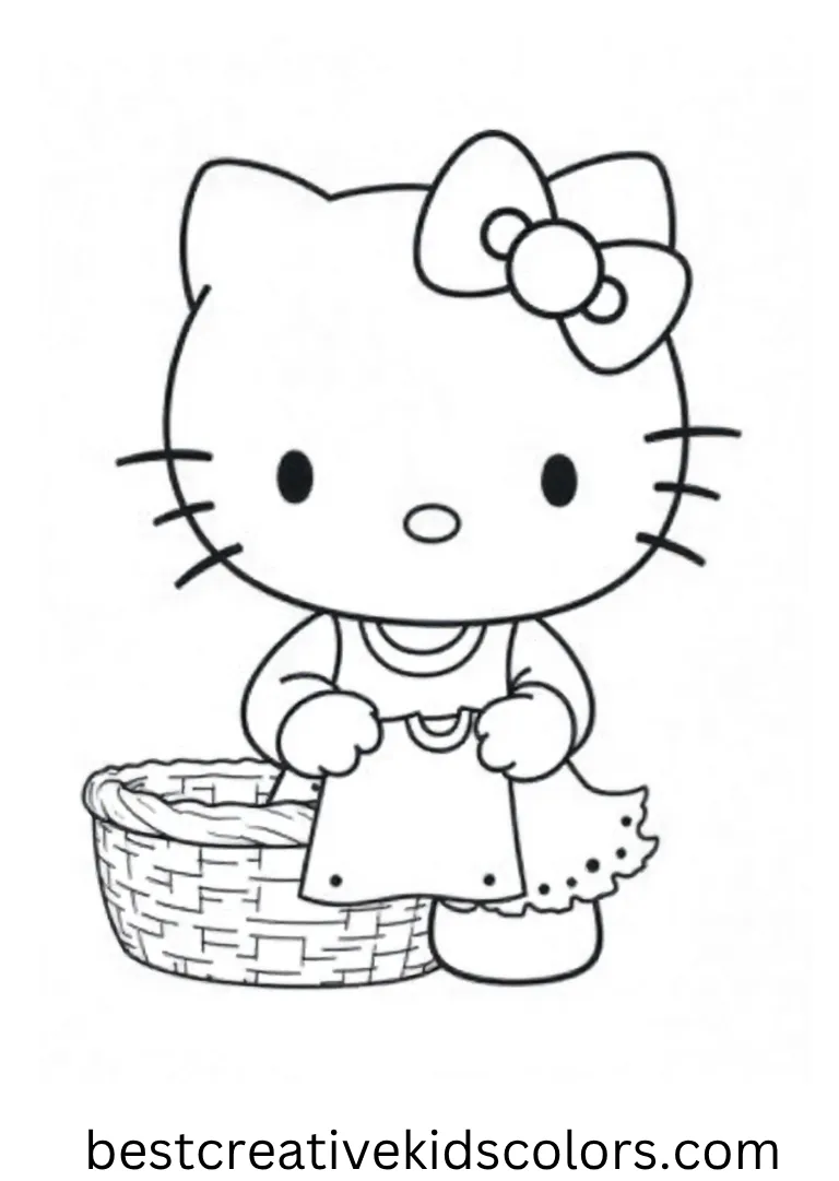 Hello Kitty Helping Fold Laundry Coloring Page Hello Kitty folds a single shirt neatly on a basket beside her.