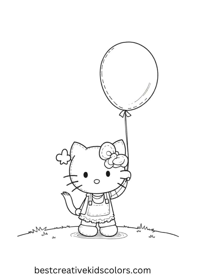 Kitty holds a single balloon floating above, with a simple, uncluttered background.