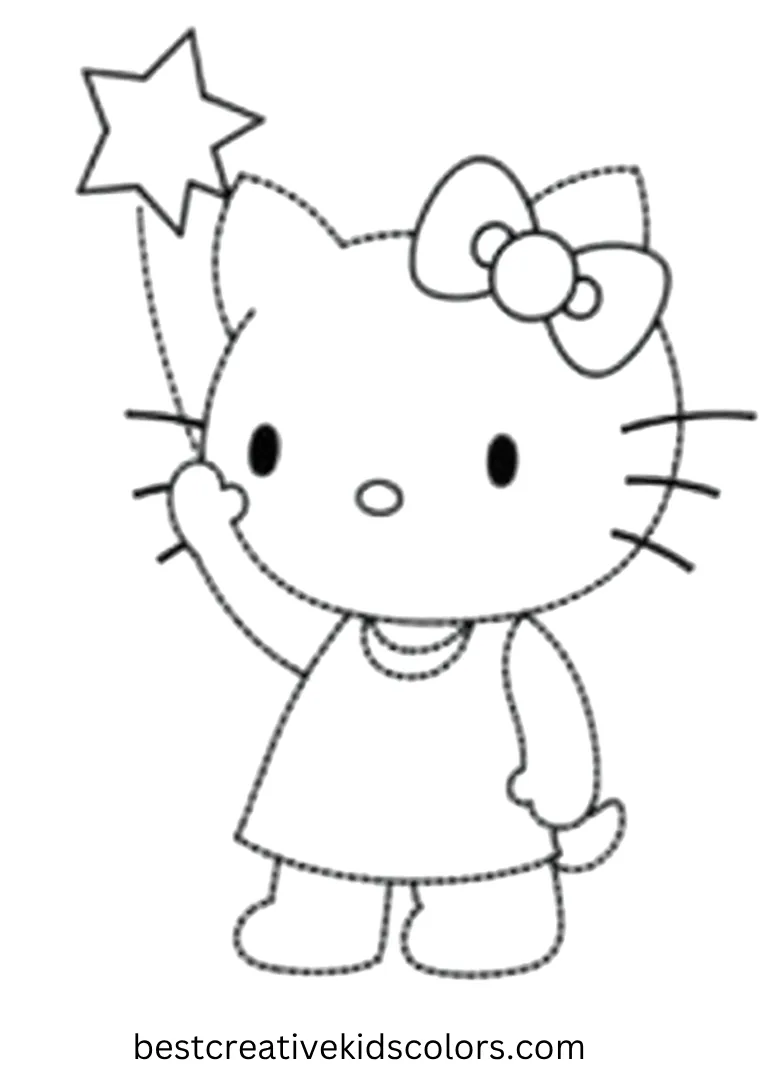 Kitty reaches for a single star floating above, perfect for easy coloring fun.