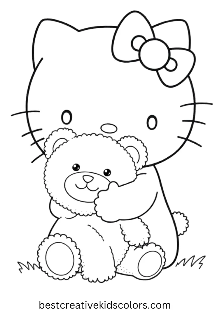 Hello Kitty gently hugs a soft teddy bear with clean outlines and plenty of open space.