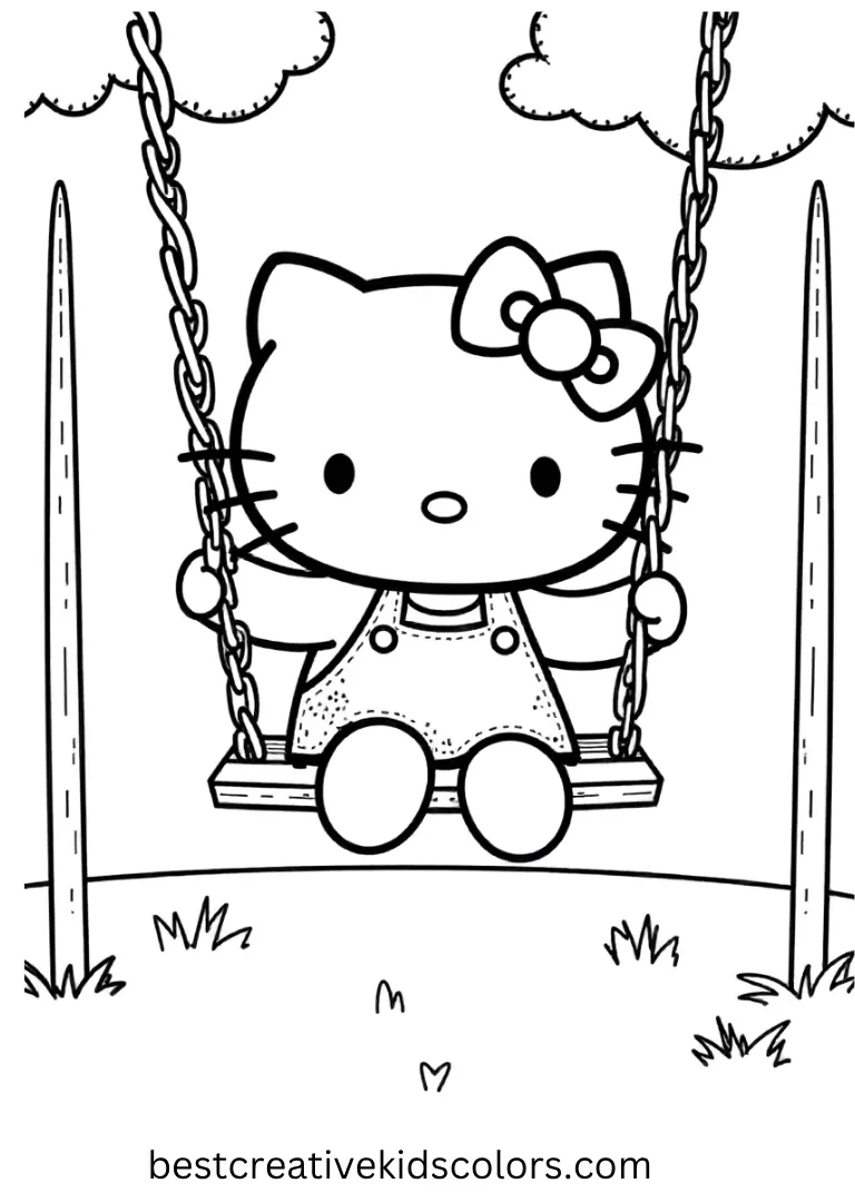 Kitty and friends laugh together as they swing high under a sunny sky, with room for kids to add color to the playground.
