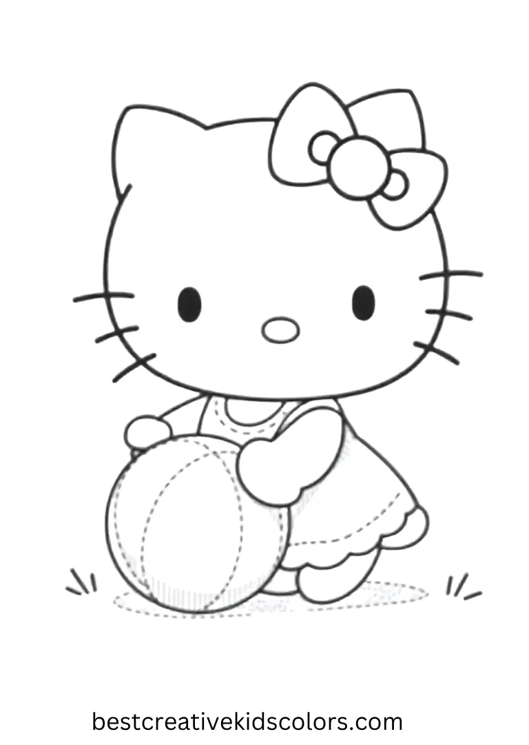Hello Kitty Playing with a Ball Coloring Page Kitty gently rolls a round ball, a simple and fun Hello Kitty coloring page.