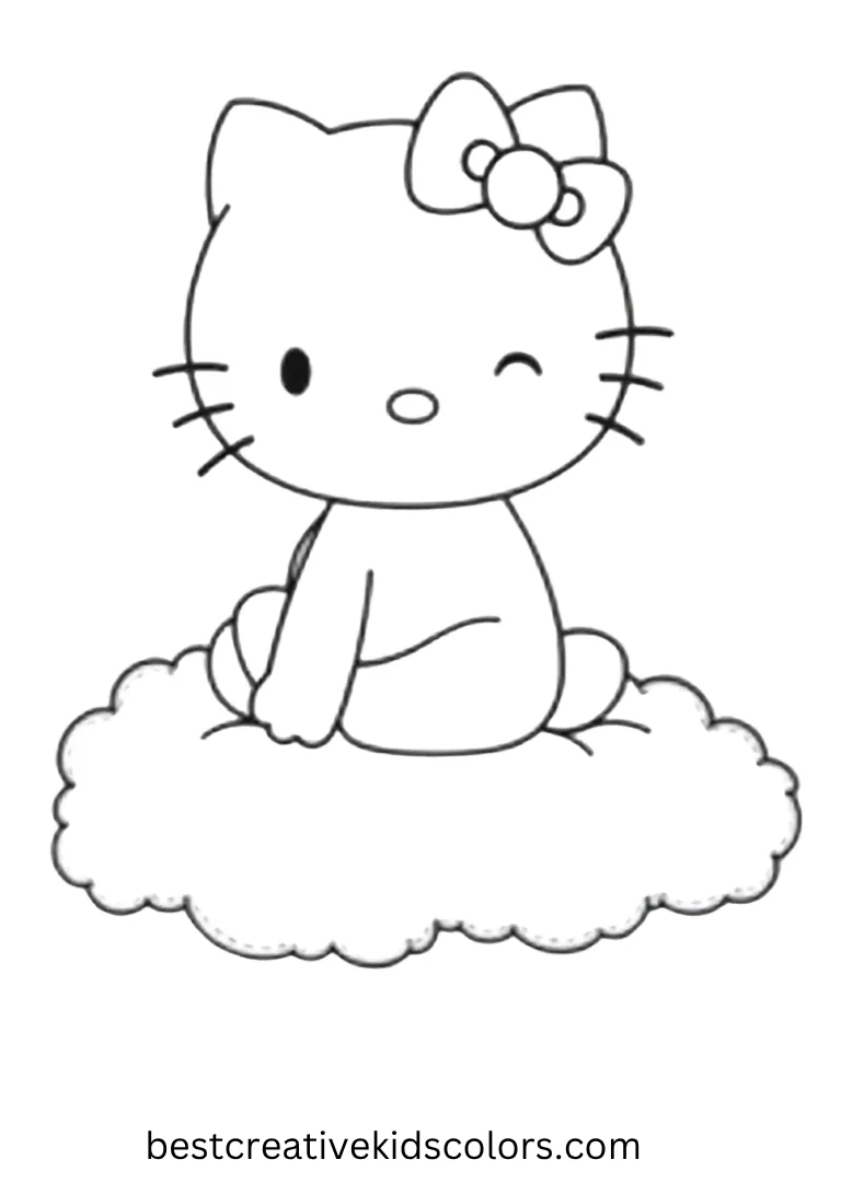 Kitty rests on a fluffy cloud in a simple sky scene, perfect for preschool coloring.